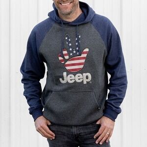 Jeep American Wave JEDCO Mens Gray Blue Raglan Hoodie Peace Sign Flag Medium